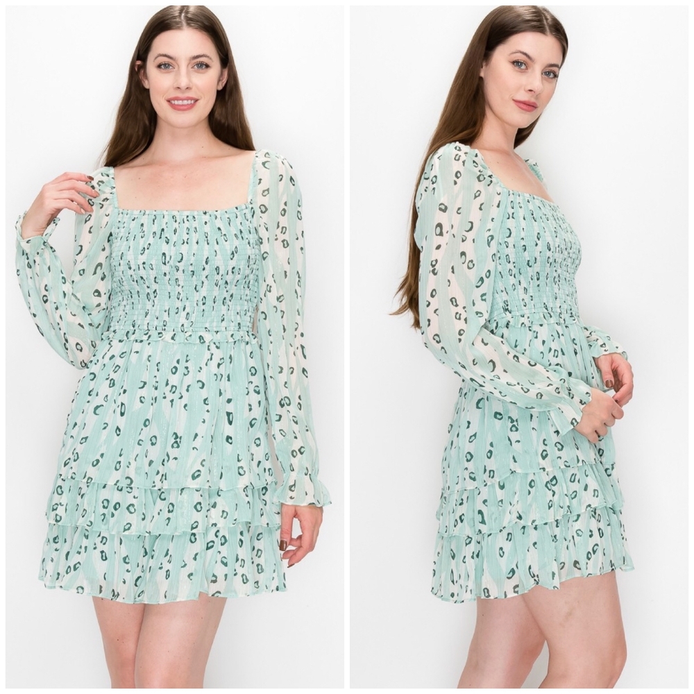 FEW LEFT❗️INA Gorgeous Chic Mint Sage Abstract Leopard Print Long Sleeves Dress - Picture 8 of 10